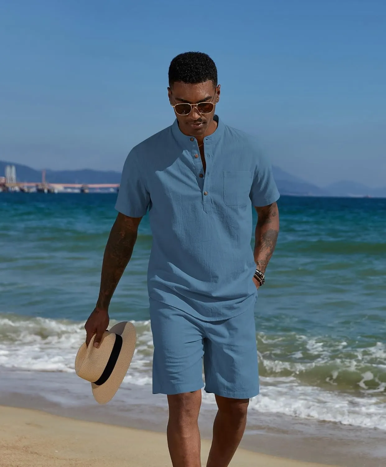 COOFANDY Men's 2 Piece Cotton Linen Sets Summer Beach Outfits Casual Short Sleeve Henley Shirts and Vacation Shorts