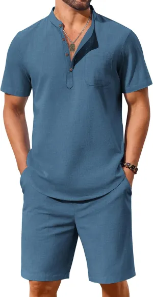 COOFANDY Men's 2 Piece Cotton Linen Sets Summer Beach Outfits Casual Short Sleeve Henley Shirts and Vacation Shorts