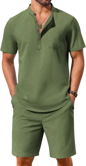 COOFANDY Men's 2 Piece Cotton Linen Sets Summer Beach Outfits Casual Short Sleeve Henley Shirts and Vacation Shorts