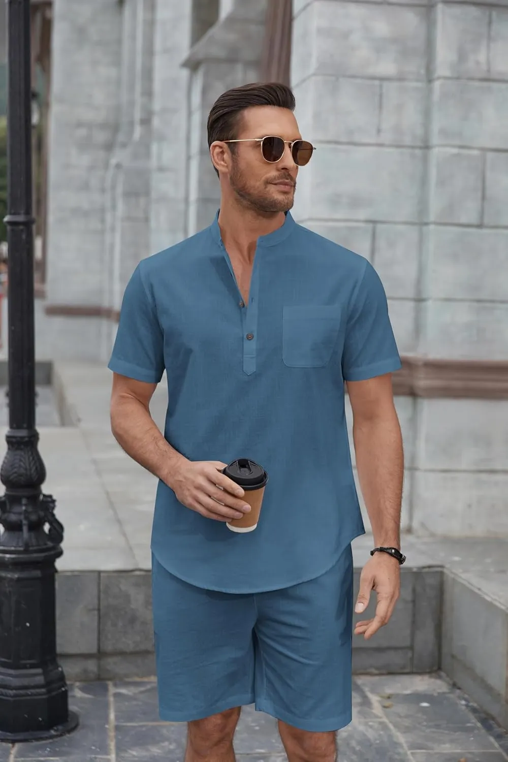 COOFANDY Men's 2 Piece Cotton Linen Sets Summer Beach Outfits Casual Short Sleeve Henley Shirts and Vacation Shorts