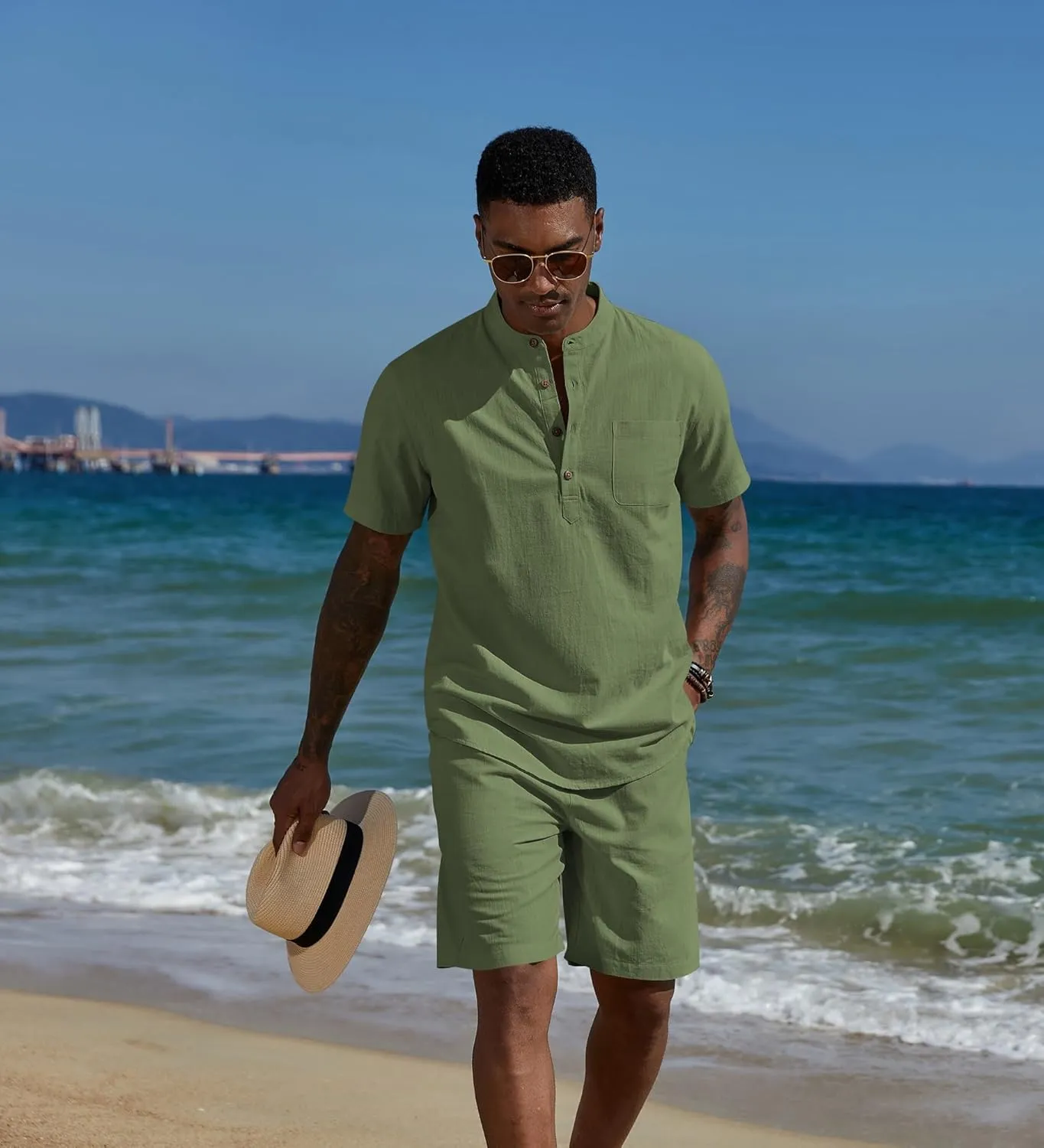 COOFANDY Men's 2 Piece Cotton Linen Sets Summer Beach Outfits Casual Short Sleeve Henley Shirts and Vacation Shorts