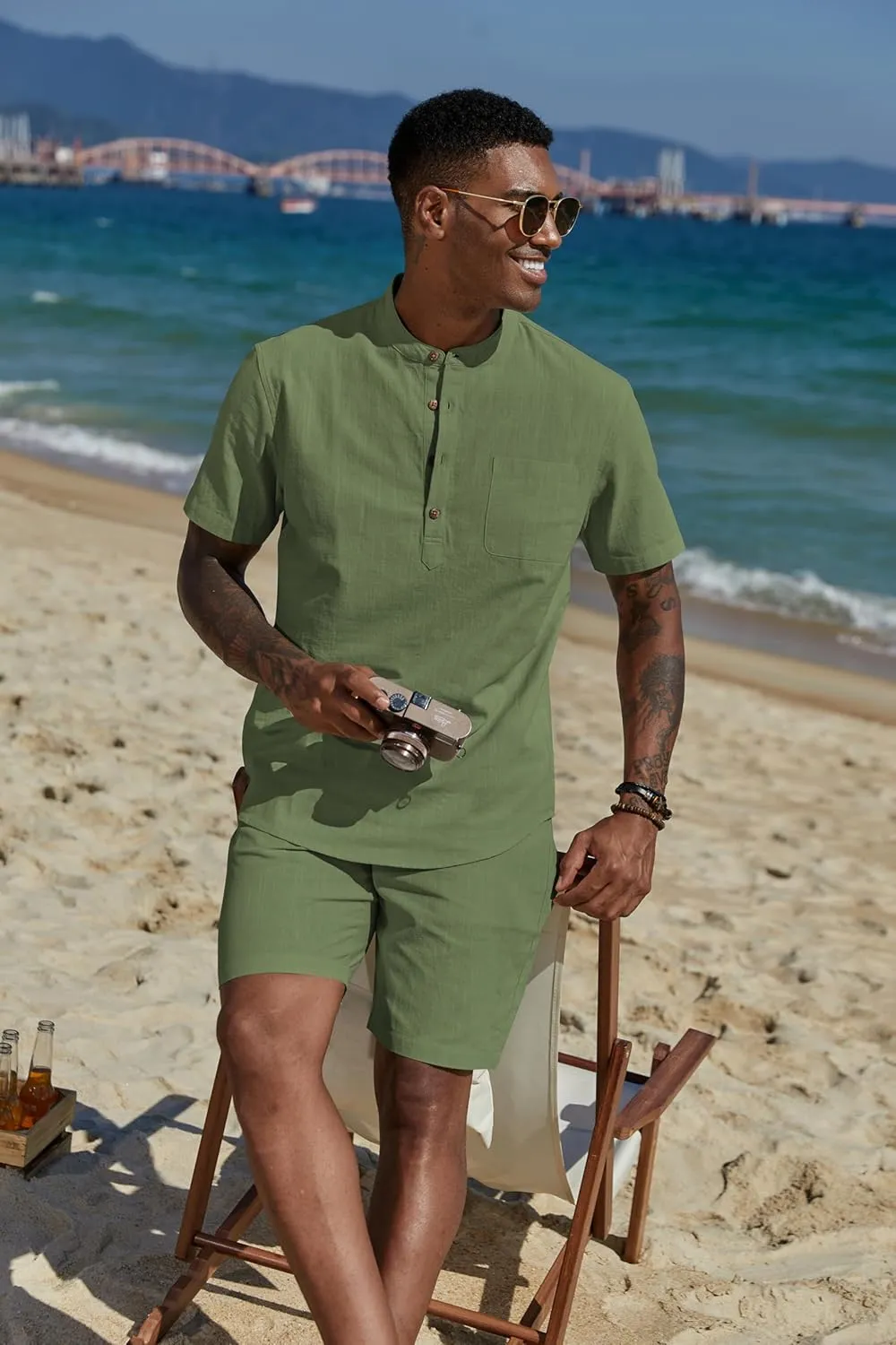 COOFANDY Men's 2 Piece Cotton Linen Sets Summer Beach Outfits Casual Short Sleeve Henley Shirts and Vacation Shorts