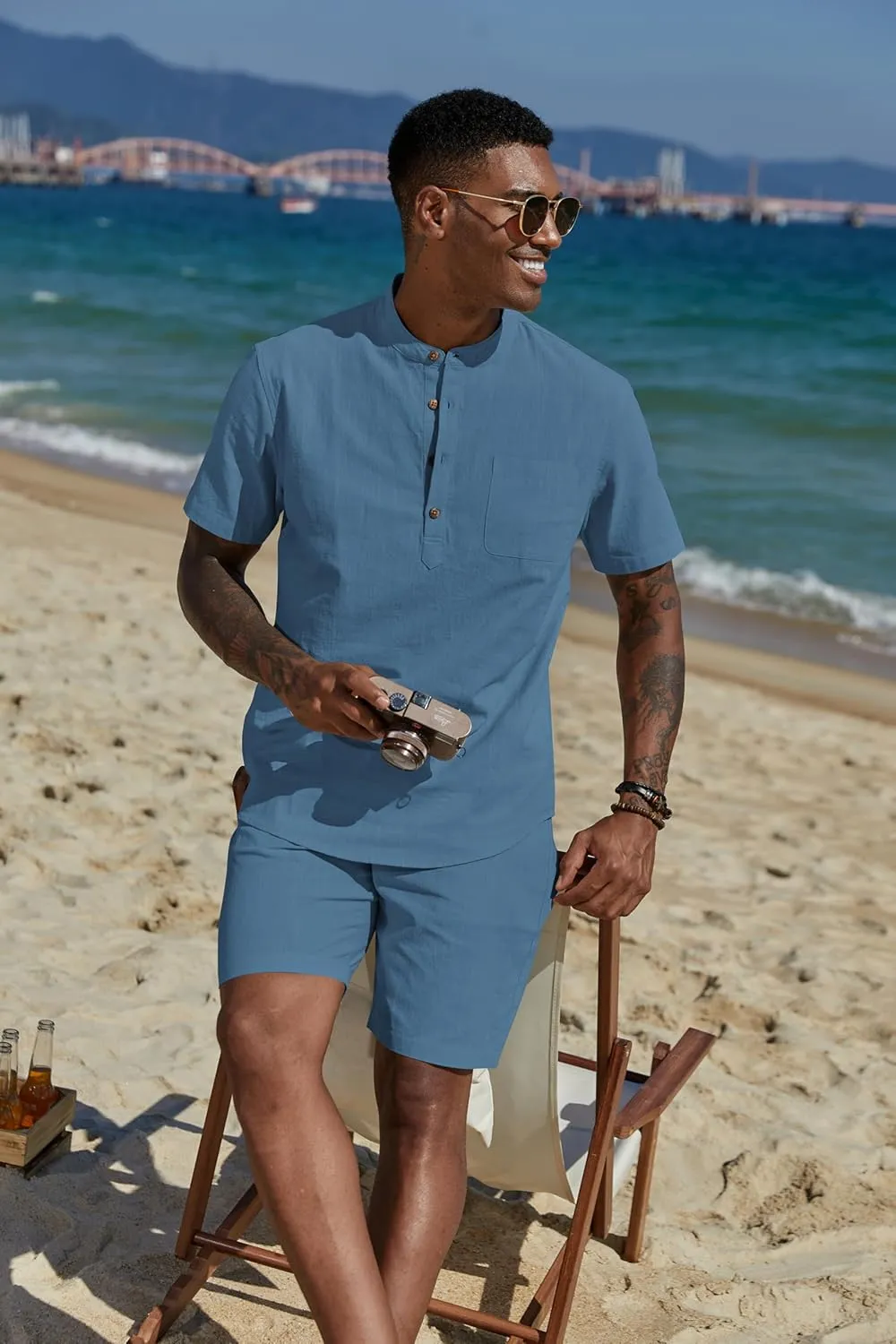 COOFANDY Men's 2 Piece Cotton Linen Sets Summer Beach Outfits Casual Short Sleeve Henley Shirts and Vacation Shorts