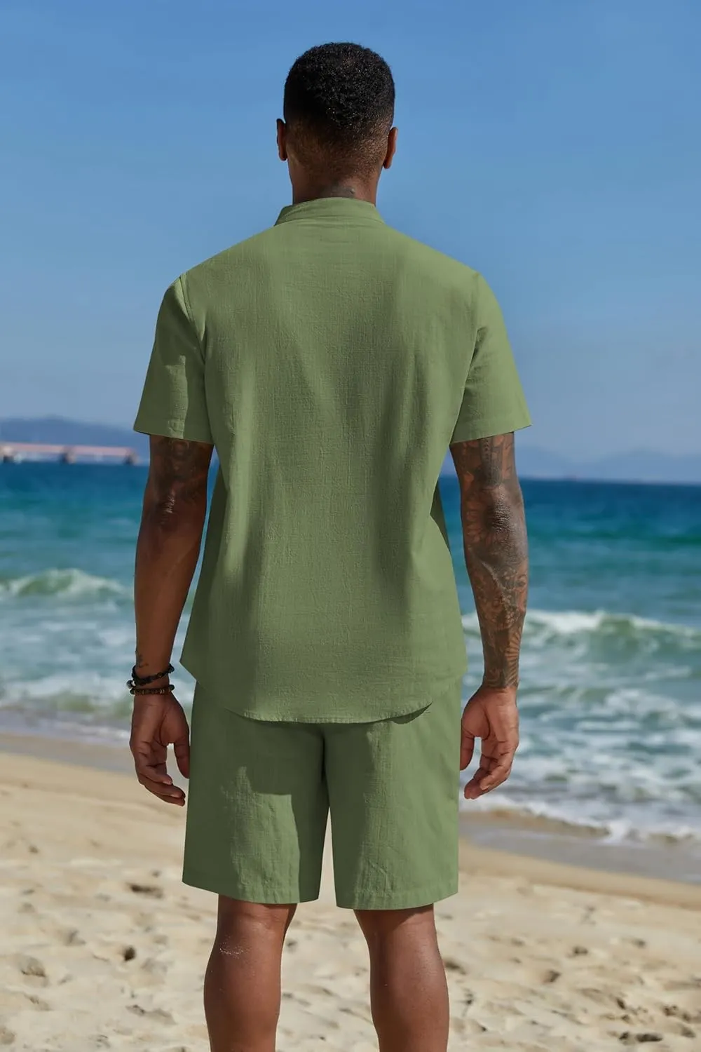 COOFANDY Men's 2 Piece Cotton Linen Sets Summer Beach Outfits Casual Short Sleeve Henley Shirts and Vacation Shorts