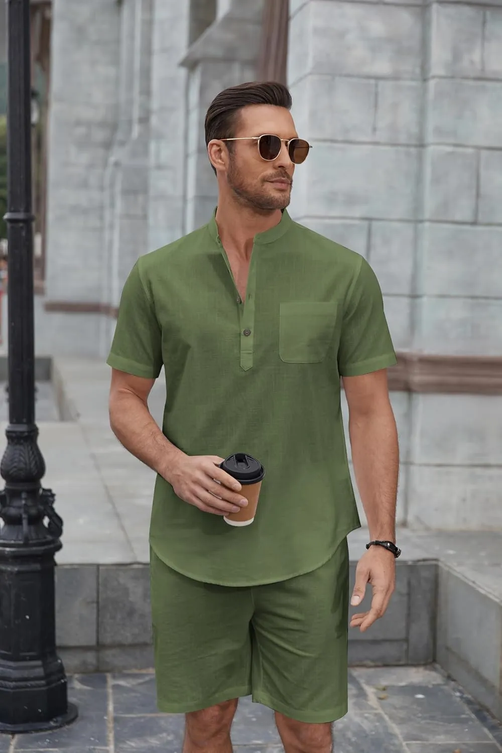 COOFANDY Men's 2 Piece Cotton Linen Sets Summer Beach Outfits Casual Short Sleeve Henley Shirts and Vacation Shorts