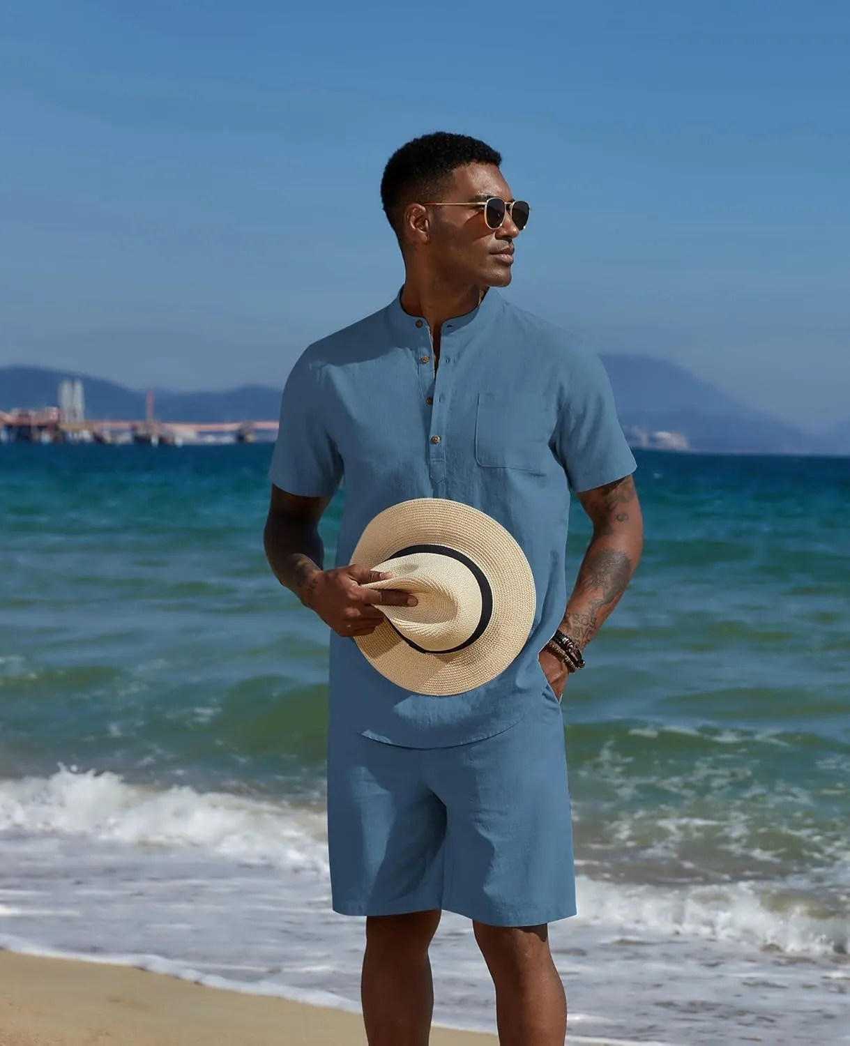 COOFANDY Men's 2 Piece Cotton Linen Sets Summer Beach Outfits Casual Short Sleeve Henley Shirts and Vacation Shorts