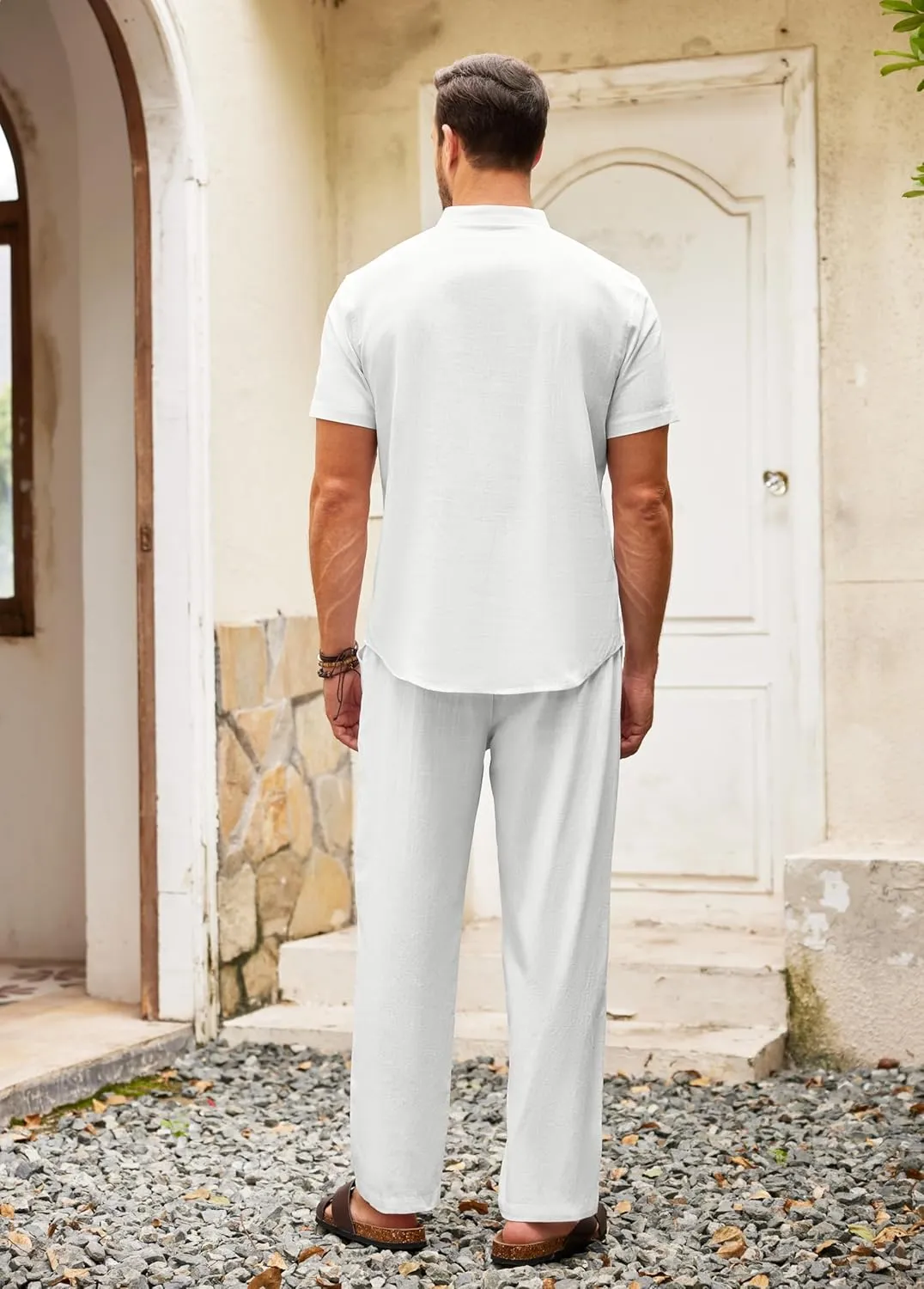 COOFANDY Men's 2 Pieces Cotton Linen Set Casual Short Sleeve Henley Shirts Beach Yoga Pants Summer Outfits
