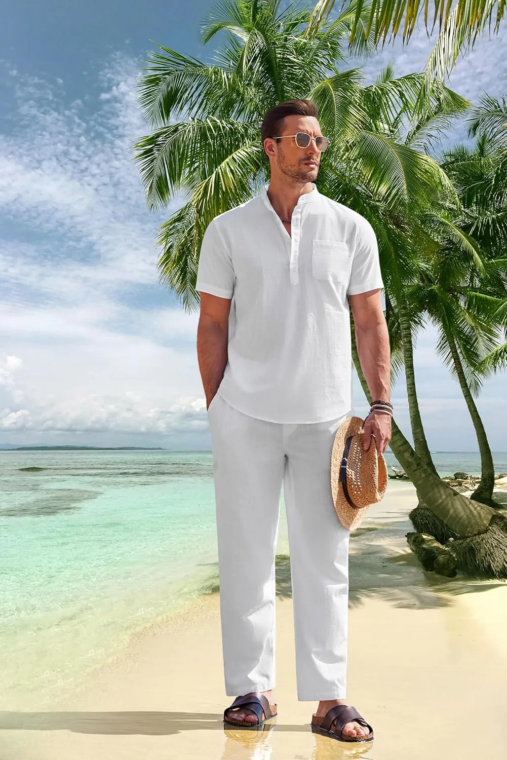 COOFANDY Men's 2 Pieces Cotton Linen Set Casual Short Sleeve Henley Shirts Beach Yoga Pants Summer Outfits