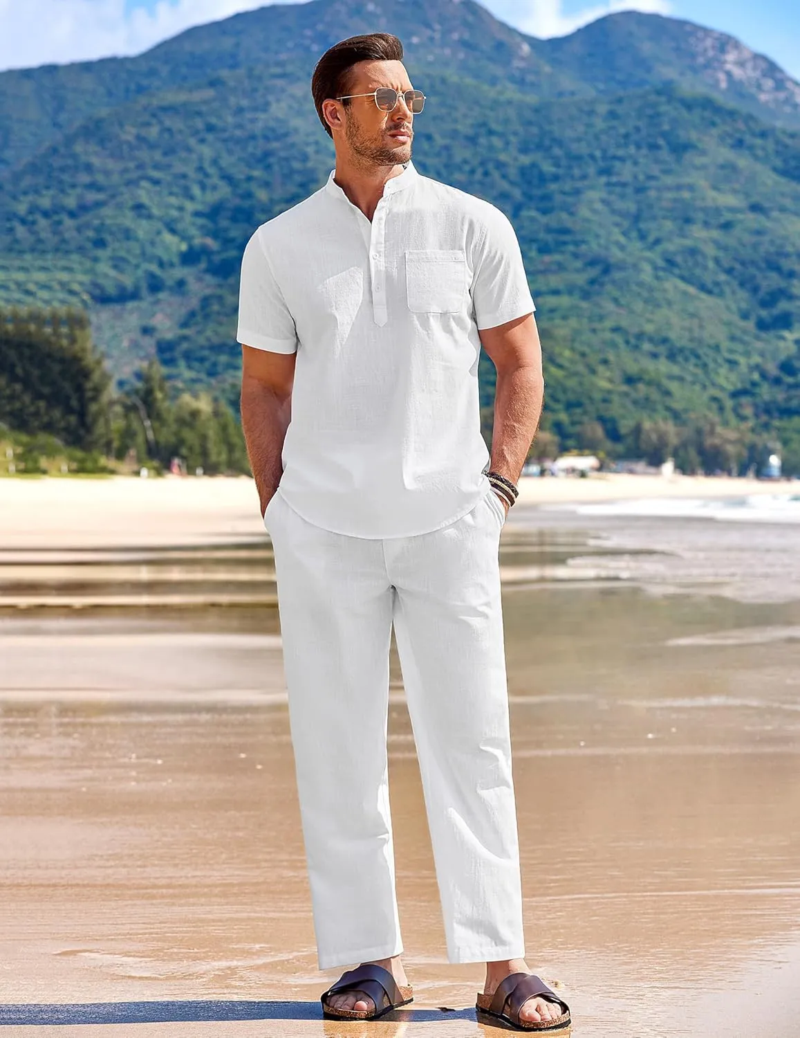 COOFANDY Men's 2 Pieces Cotton Linen Set Casual Short Sleeve Henley Shirts Beach Yoga Pants Summer Outfits