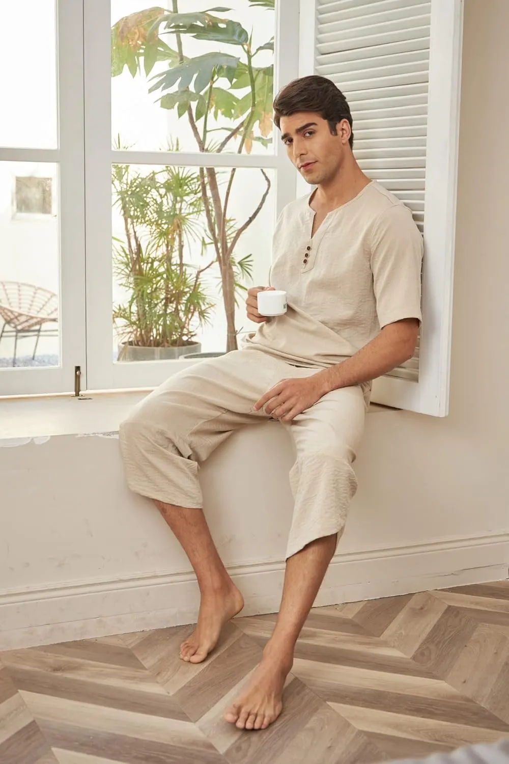 COOFANDY Men's 2 Pieces Linen Set Henley Shirt Short Sleeve and Harem Capri Pants Wide Leg Baggy Beach Yoga Trousers Outfits