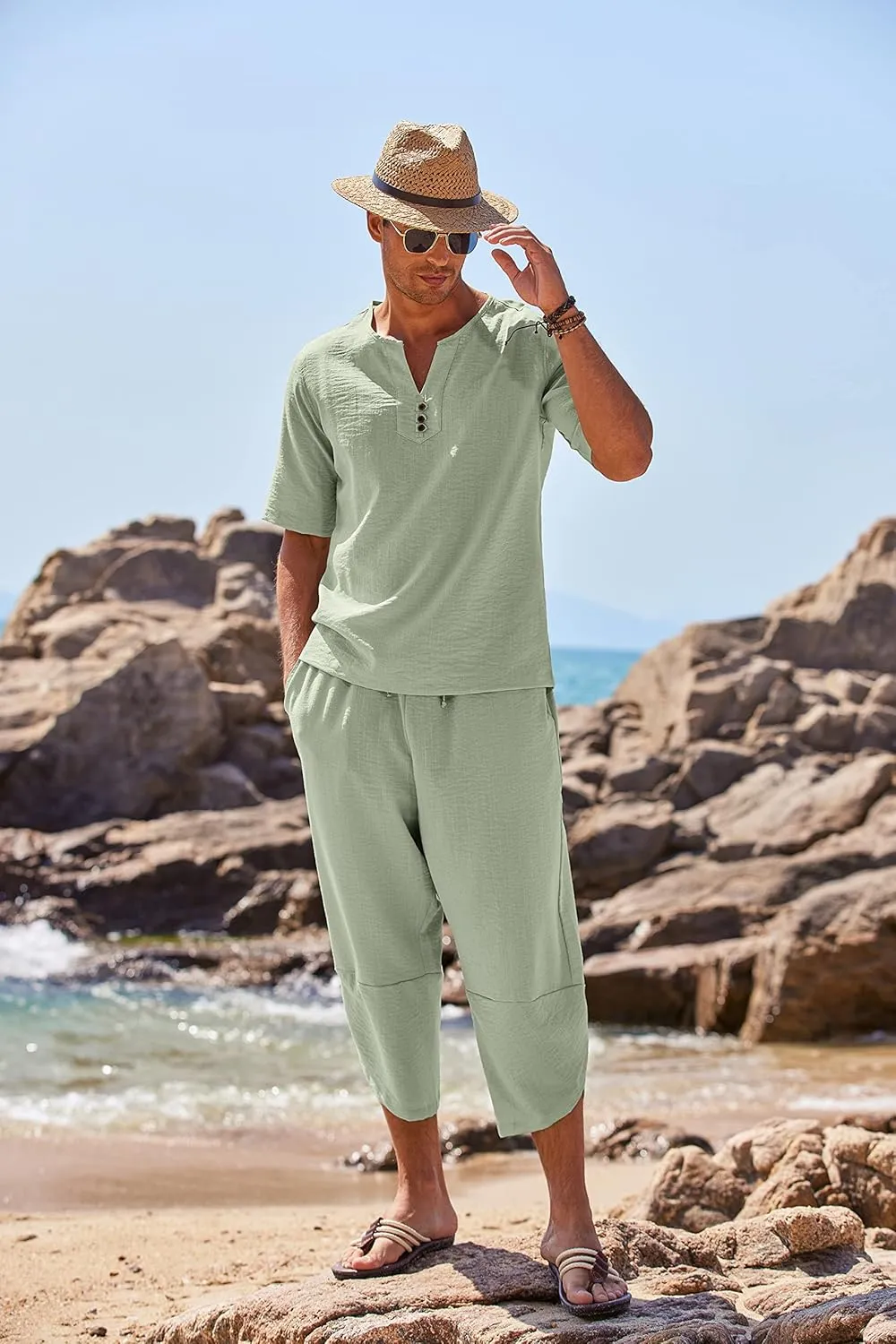 COOFANDY Men's 2 Pieces Linen Set Henley Shirt Short Sleeve and Harem Capri Pants Wide Leg Baggy Beach Yoga Trousers Outfits