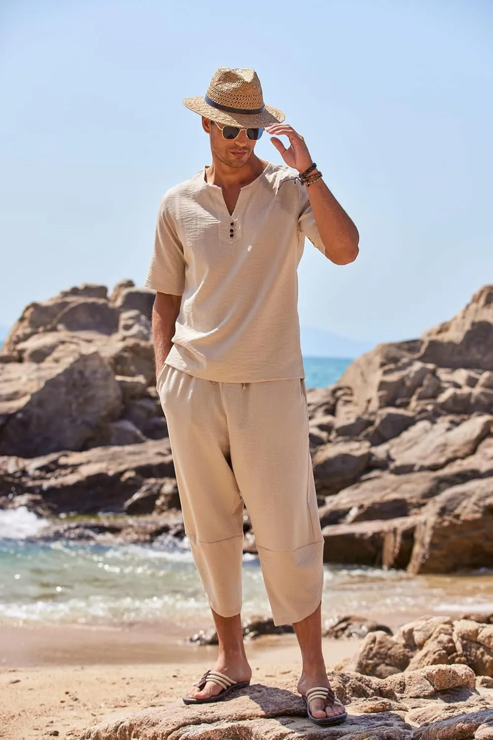 COOFANDY Men's 2 Pieces Linen Set Henley Shirt Short Sleeve and Harem Capri Pants Wide Leg Baggy Beach Yoga Trousers Outfits