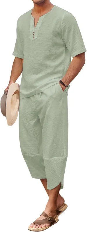 COOFANDY Men's 2 Pieces Linen Set Henley Shirt Short Sleeve and Harem Capri Pants Wide Leg Baggy Beach Yoga Trousers Outfits