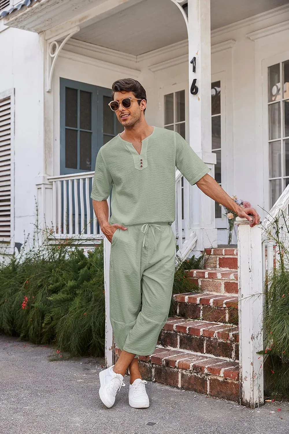 COOFANDY Men's 2 Pieces Linen Set Henley Shirt Short Sleeve and Harem Capri Pants Wide Leg Baggy Beach Yoga Trousers Outfits