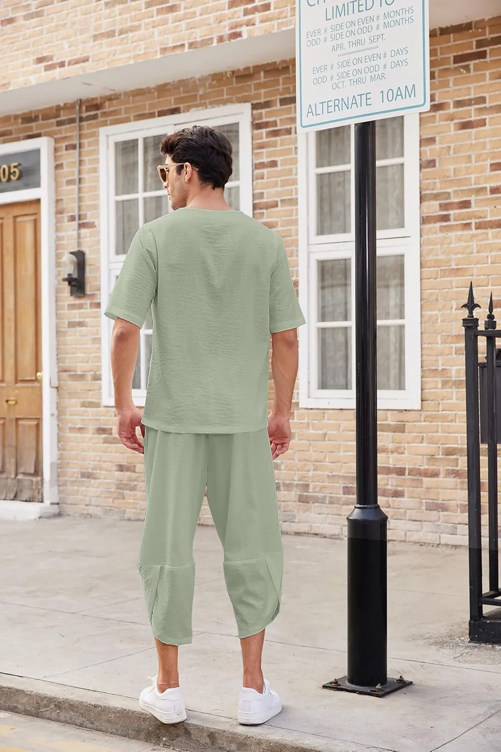 COOFANDY Men's 2 Pieces Linen Set Henley Shirt Short Sleeve and Harem Capri Pants Wide Leg Baggy Beach Yoga Trousers Outfits
