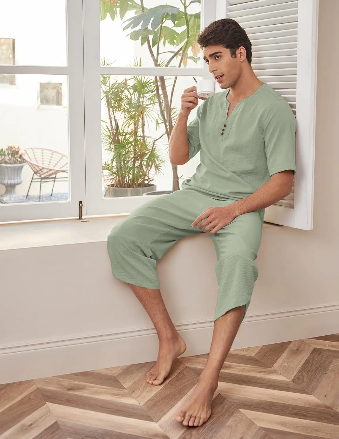 COOFANDY Men's 2 Pieces Linen Set Henley Shirt Short Sleeve and Harem Capri Pants Wide Leg Baggy Beach Yoga Trousers Outfits