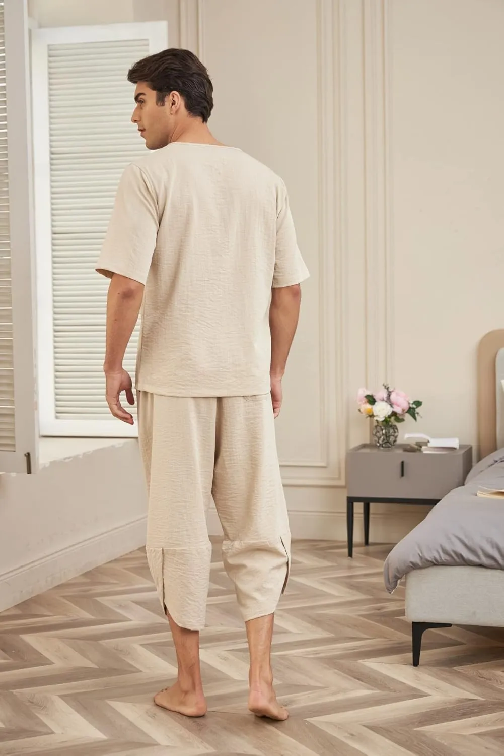 COOFANDY Men's 2 Pieces Linen Set Henley Shirt Short Sleeve and Harem Capri Pants Wide Leg Baggy Beach Yoga Trousers Outfits