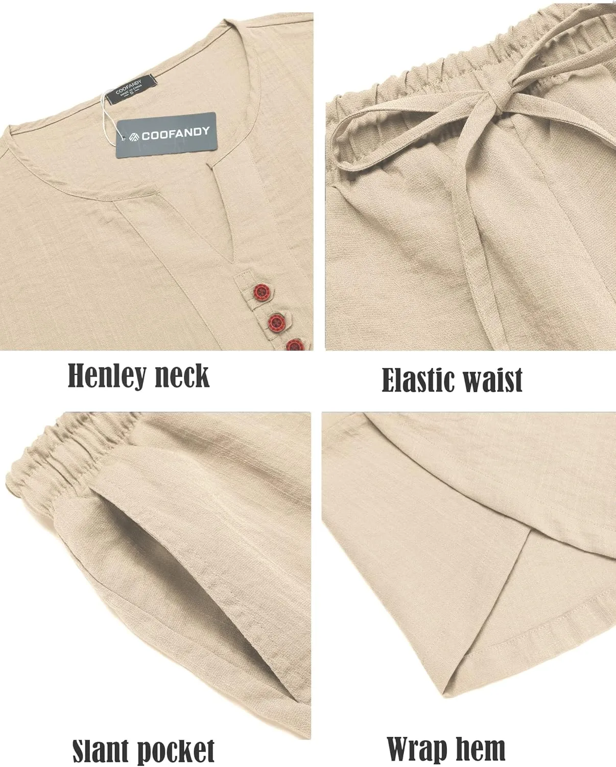 COOFANDY Men's 2 Pieces Linen Set Henley Shirt Short Sleeve and Harem Capri Pants Wide Leg Baggy Beach Yoga Trousers Outfits