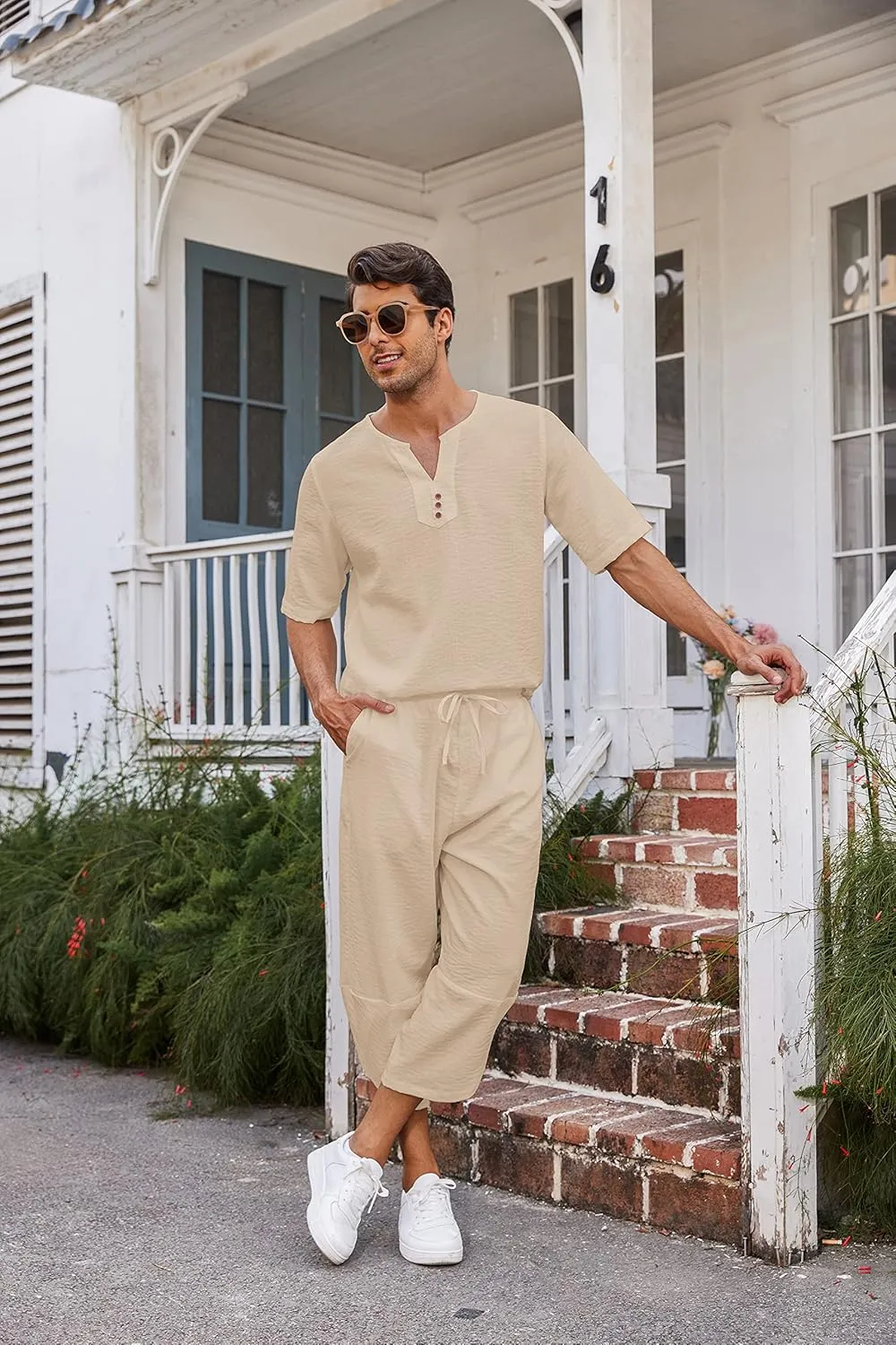 COOFANDY Men's 2 Pieces Linen Set Henley Shirt Short Sleeve and Harem Capri Pants Wide Leg Baggy Beach Yoga Trousers Outfits
