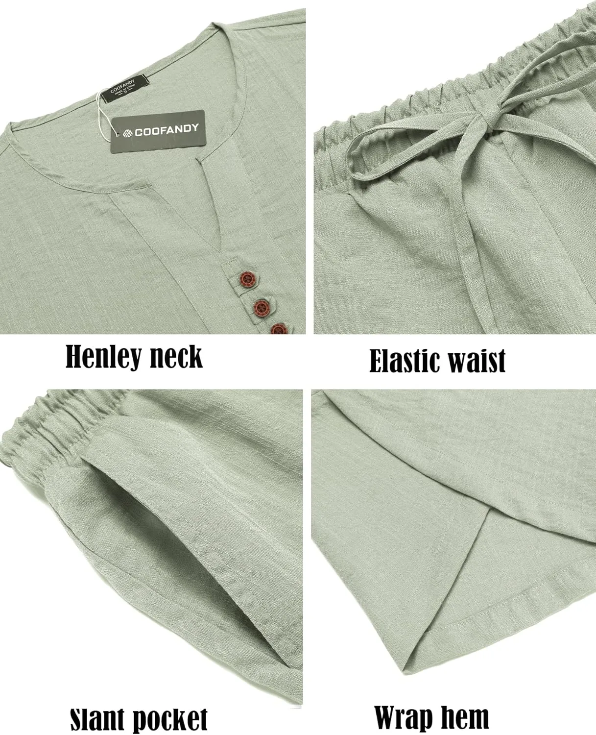COOFANDY Men's 2 Pieces Linen Set Henley Shirt Short Sleeve and Harem Capri Pants Wide Leg Baggy Beach Yoga Trousers Outfits