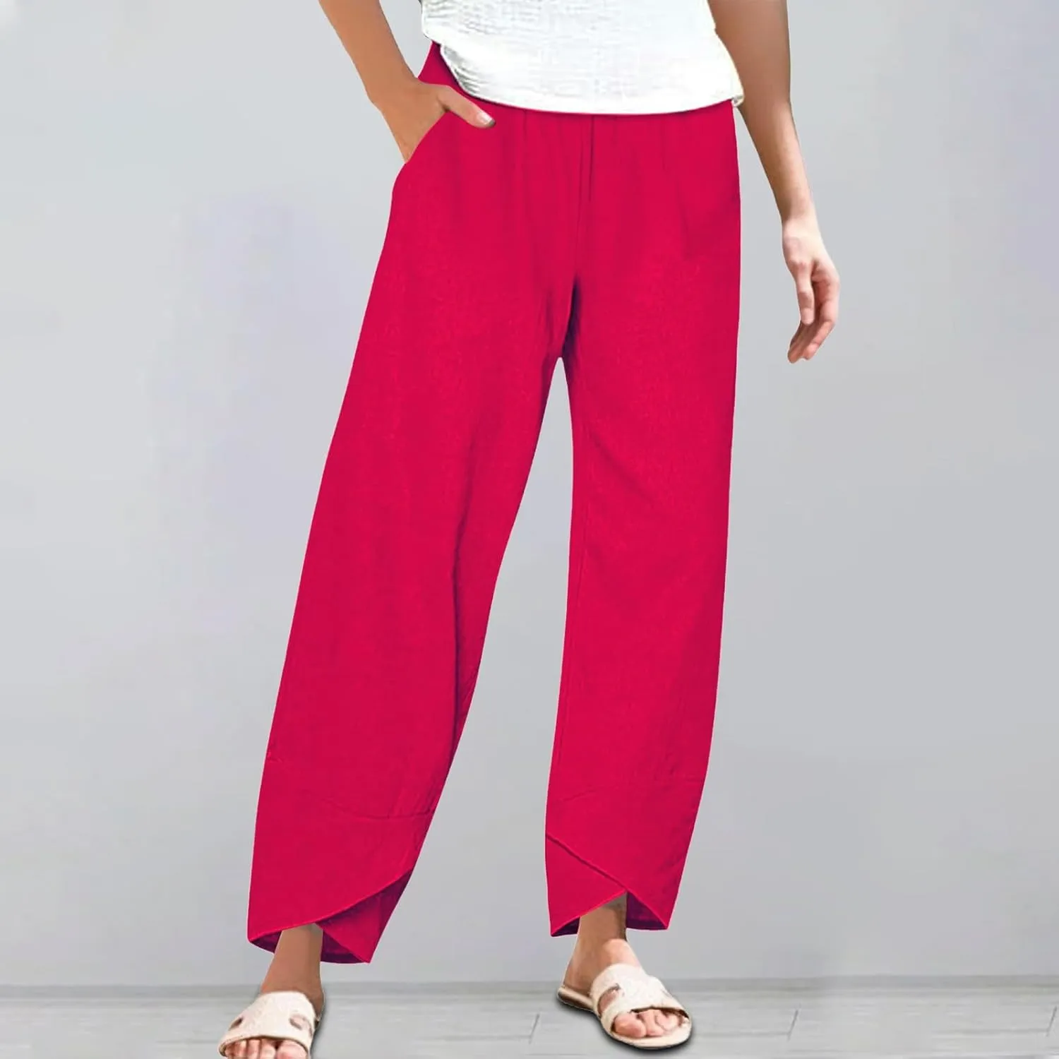 Cotton Linen Pants for Women Plus Size Cropped Wide Leg Summer Casual Loose Fit Trousers Beach Lounge Work