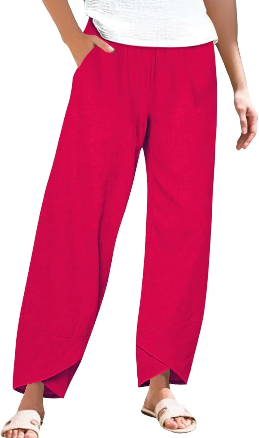 Cotton Linen Pants for Women Plus Size Cropped Wide Leg Summer Casual Loose Fit Trousers Beach Lounge Work