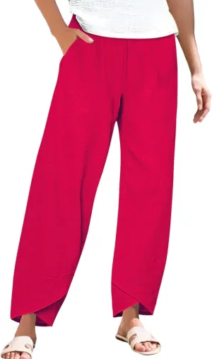 Cotton Linen Pants for Women Plus Size Cropped Wide Leg Summer Casual Loose Fit Trousers Beach Lounge Work