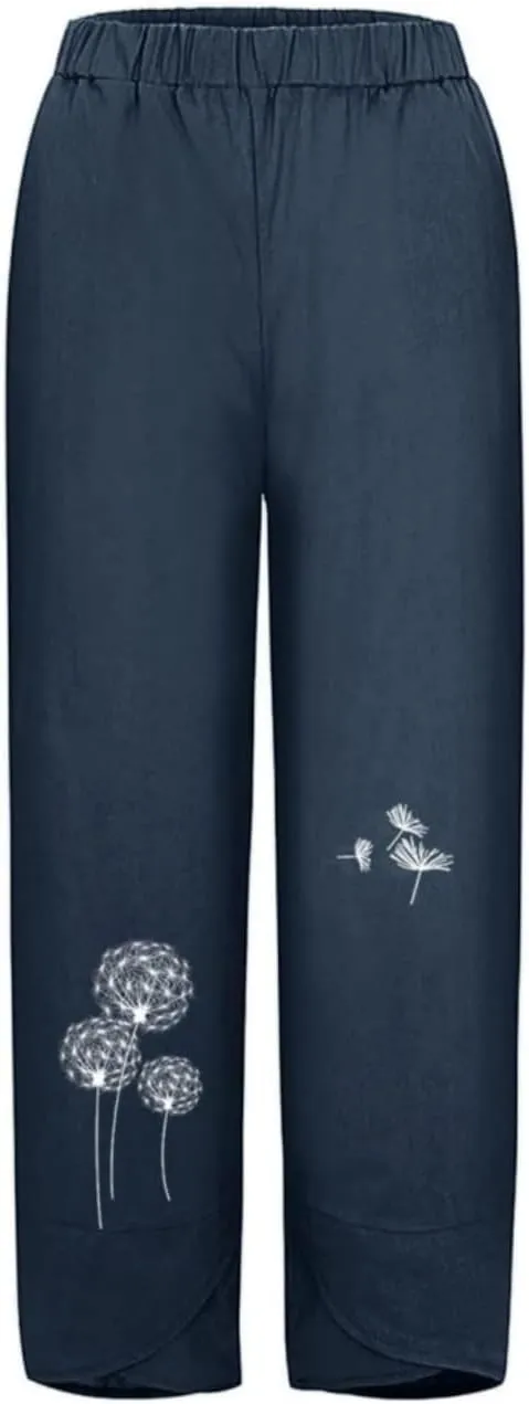 Cotton Linen Pants for Women Wide Leg Elastic Waist Capri Pant Casual Loose Palazzo Cropped Trousers with Pockets