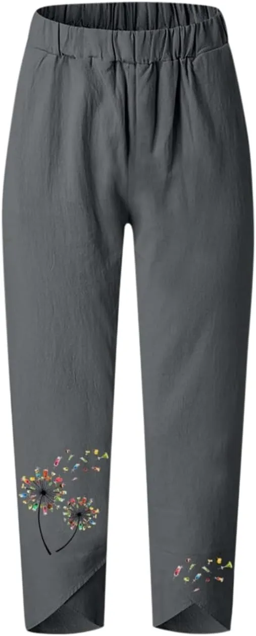 Cotton Linen Pants for Women Wide Leg Elastic Waist Capri Pant Casual Loose Palazzo Cropped Trousers with Pockets