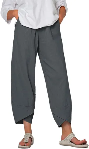 Cotton Linen Pants for Women Wide Leg Elastic Waist Capri Pant Casual Loose Palazzo Cropped Trousers with Pockets