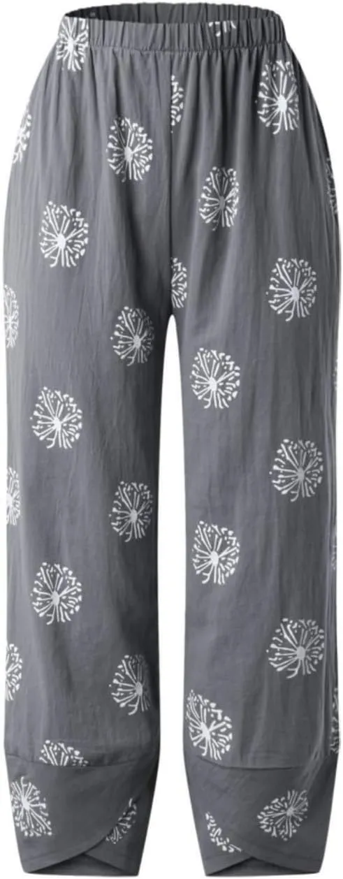 Cotton Linen Pants for Women Wide Leg Elastic Waist Capri Pant Casual Loose Palazzo Cropped Trousers with Pockets