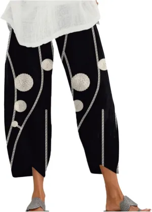 Cotton Linen Pants for Women Wide Leg Elastic Waist Capri Pant Casual Loose Palazzo Cropped Trousers with Pockets