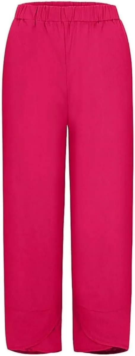 Cotton Linen Pants for Women Wide Leg Elastic Waist Capri Pant Casual Loose Palazzo Cropped Trousers with Pockets