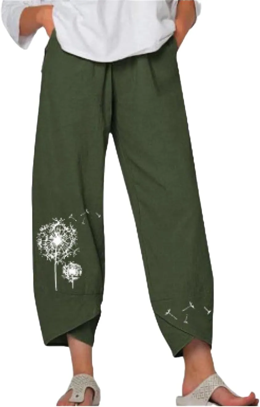 Cotton Linen Pants for Women Wide Leg Elastic Waist Capri Pant Casual Loose Palazzo Cropped Trousers with Pockets