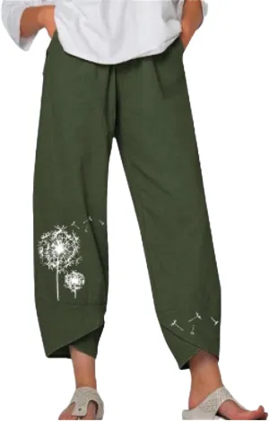 Cotton Linen Pants for Women Wide Leg Elastic Waist Capri Pant Casual Loose Palazzo Cropped Trousers with Pockets
