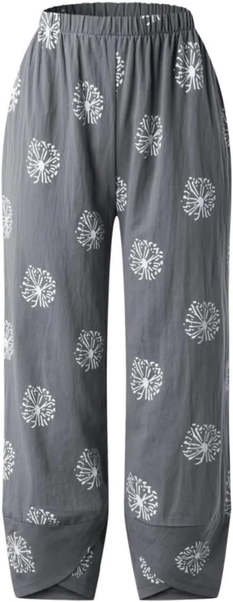 Cotton Linen Pants for Women Wide Leg Elastic Waist Capri Pant Casual Loose Palazzo Cropped Trousers with Pockets