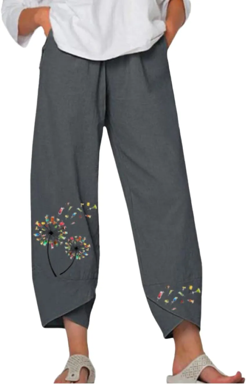 Cotton Linen Pants for Women Wide Leg Elastic Waist Capri Pant Casual Loose Palazzo Cropped Trousers with Pockets