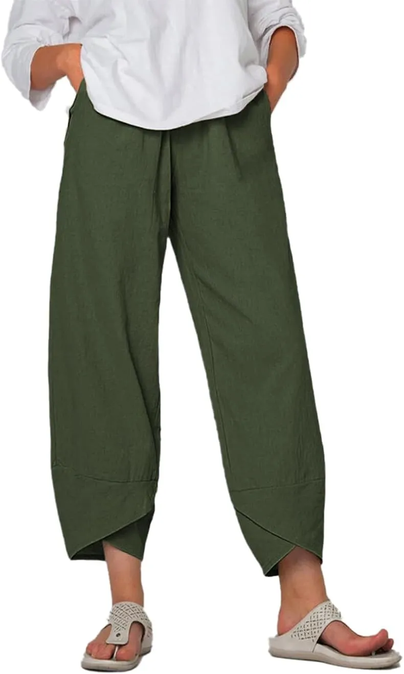 Cotton Linen Pants for Women Wide Leg Elastic Waist Capri Pant Casual Loose Palazzo Cropped Trousers with Pockets