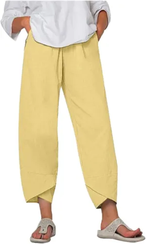 Cotton Linen Pants for Women Wide Leg Elastic Waist Capri Pant Casual Loose Palazzo Cropped Trousers with Pockets