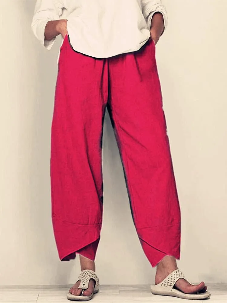 Cotton Linen Pants for Women Wide Leg Elastic Waist Capri Pant Casual Loose Palazzo Cropped Trousers with Pockets