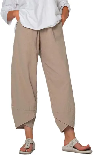 Cotton Linen Pants for Women Wide Leg Elastic Waist Capri Pant Casual Loose Palazzo Cropped Trousers with Pockets