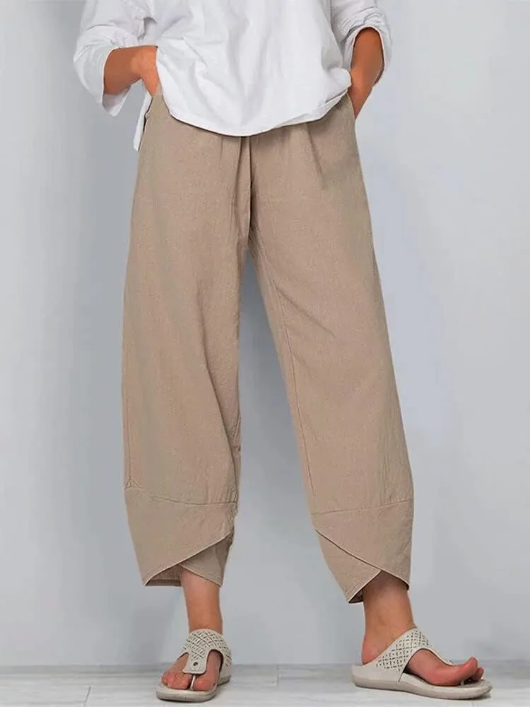 Cotton Linen Pants for Women Wide Leg Elastic Waist Capri Pant Casual Loose Palazzo Cropped Trousers with Pockets