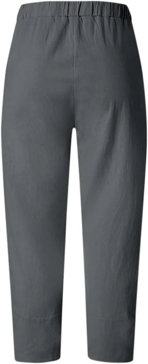 Cotton Linen Pants for Women Wide Leg Elastic Waist Capri Pant Casual Loose Palazzo Cropped Trousers with Pockets