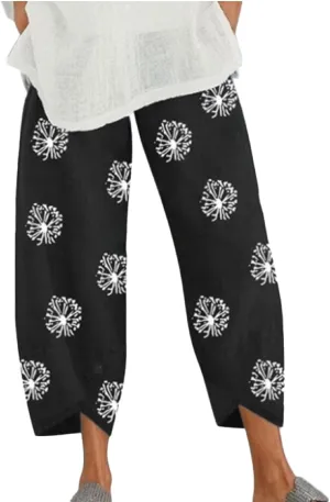 Cotton Linen Pants for Women Wide Leg Elastic Waist Capri Pant Casual Loose Palazzo Cropped Trousers with Pockets