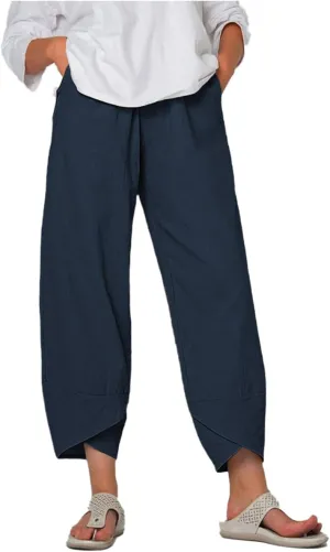 Cotton Linen Pants for Women Wide Leg Elastic Waist Capri Pant Casual Loose Palazzo Cropped Trousers with Pockets