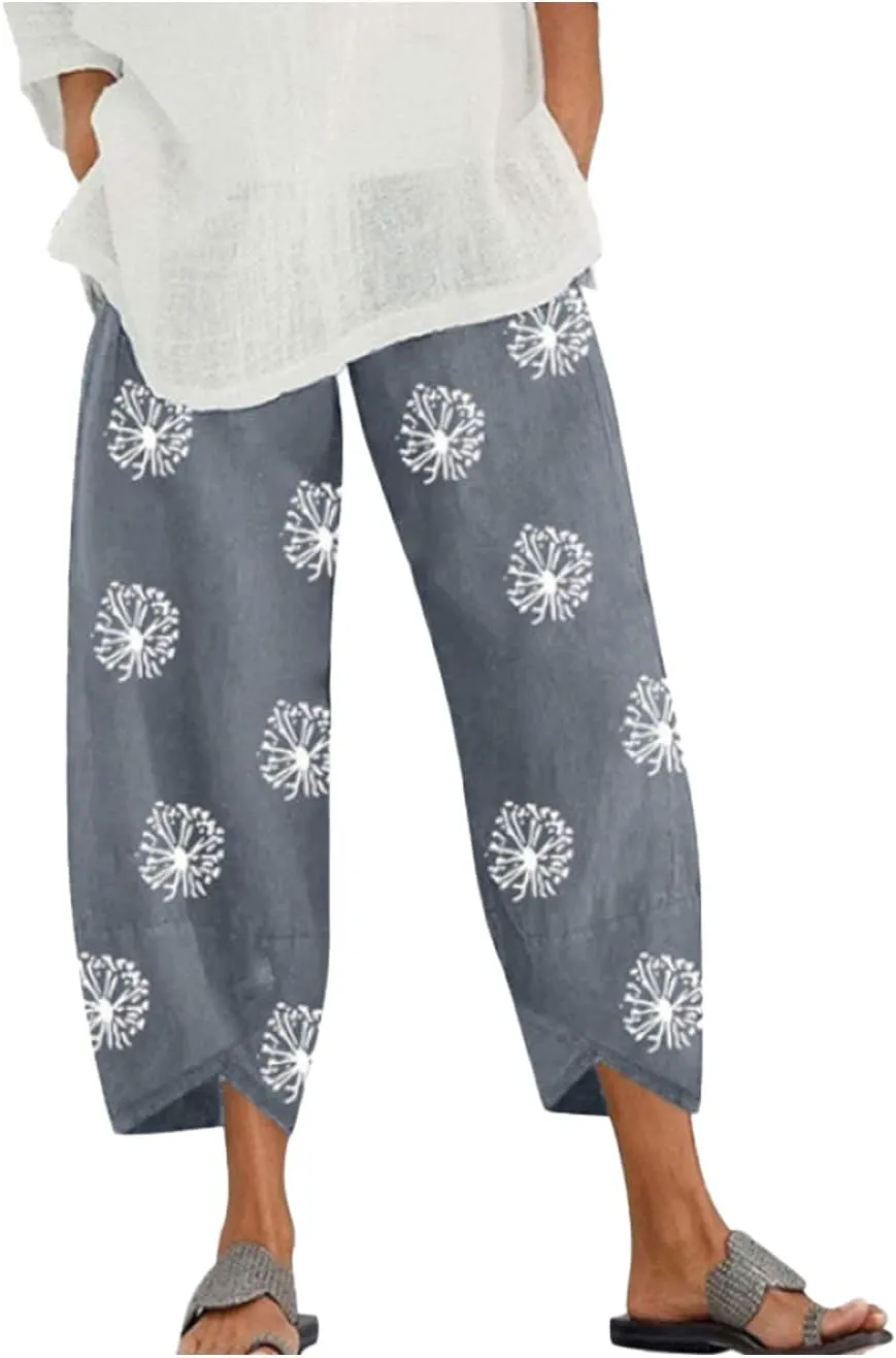 Cotton Linen Pants for Women Wide Leg Elastic Waist Capri Pant Casual Loose Palazzo Cropped Trousers with Pockets