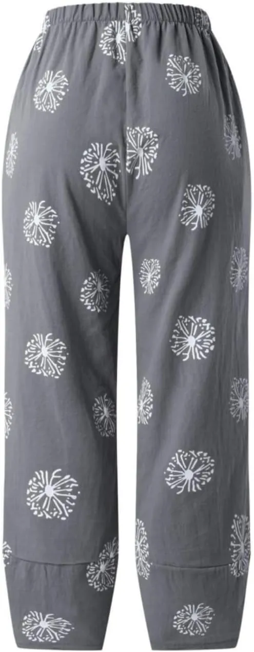 Cotton Linen Pants for Women Wide Leg Elastic Waist Capri Pant Casual Loose Palazzo Cropped Trousers with Pockets