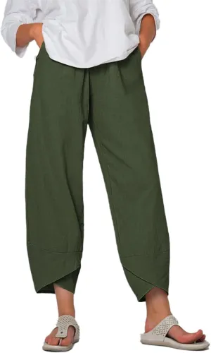 Cotton Linen Pants for Women Wide Leg Elastic Waist Capri Pant Casual Loose Palazzo Cropped Trousers with Pockets
