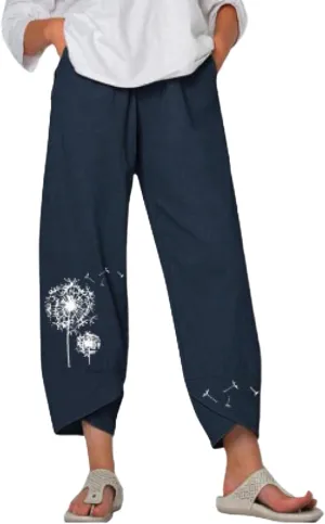 Cotton Linen Pants for Women Wide Leg Elastic Waist Capri Pant Casual Loose Palazzo Cropped Trousers with Pockets