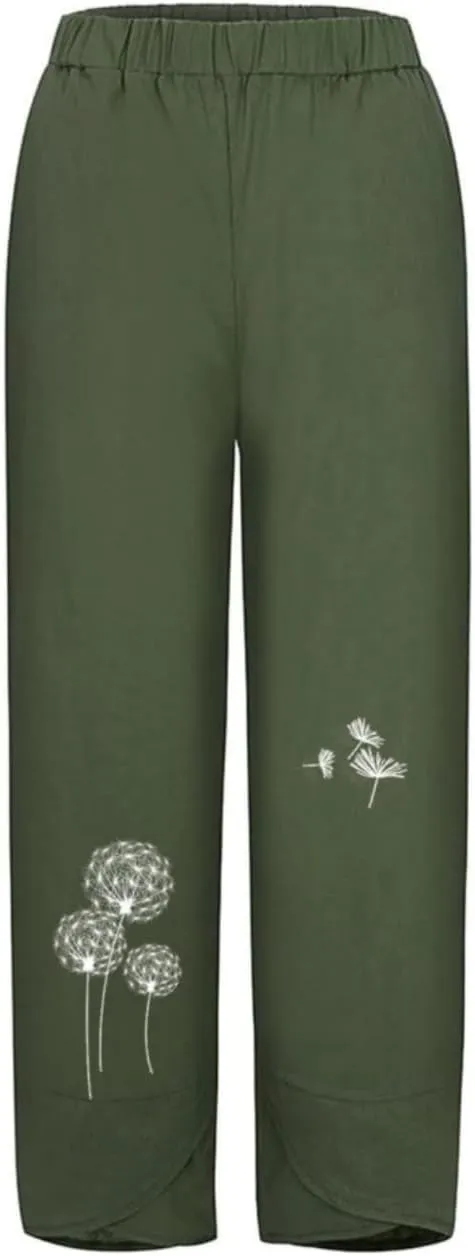 Cotton Linen Pants for Women Wide Leg Elastic Waist Capri Pant Casual Loose Palazzo Cropped Trousers with Pockets